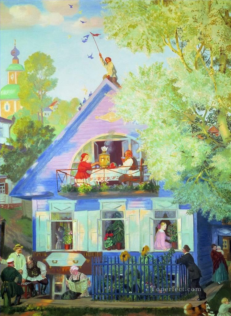 blue house 1920 Boris Mikhailovich Kustodiev cityscape city scenes Oil Paintings